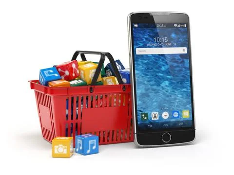 Mobile phone application software icons in the shopping basket isolated on... Foto stock