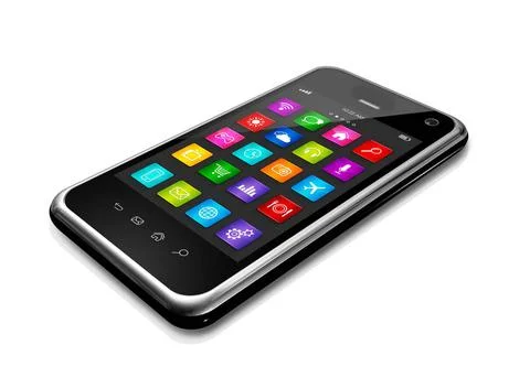  Mobile phone with apps icons interface 3D mobile phone, mobile phone with... Foto stock