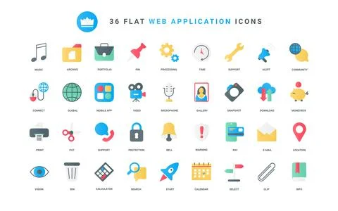 Mobile phone apps trendy flat icons set, web application to pay, search data and Stock Illustration