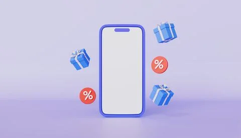 Mobile phone with blank screen and flying gift boxes, Sales and discounts Иллюстрация