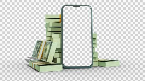 Mobile phone with  blank screen in front of stacks of 100 US dollar note Stock Illustration