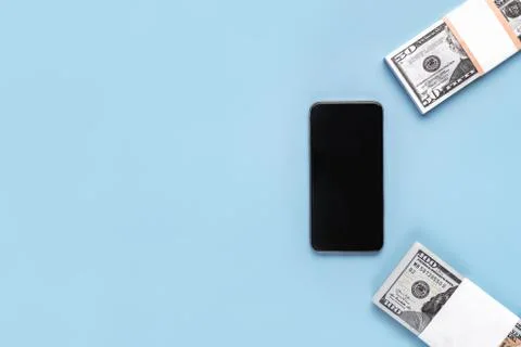 Mobile phone with a blank screen for inserting text, images and 50, 100 dolla Stock Photos
