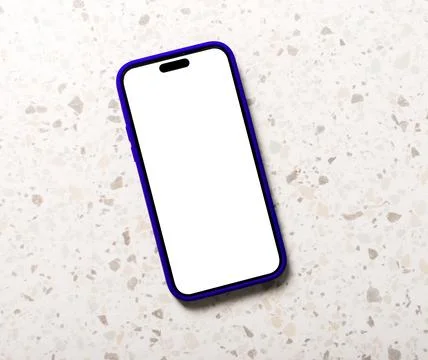 Mobile phone with a blank white screen lies diagonally on a terrazzo tile s.. Stock Photos