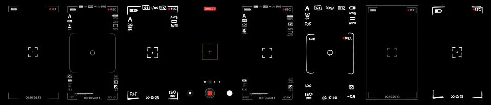 Mobile phone camera rec overlay mockup pack isolated on black bg. Recorder cam Stock Illustration
