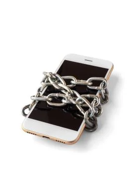 Mobile phone with chain locked isolate Stock Photos
