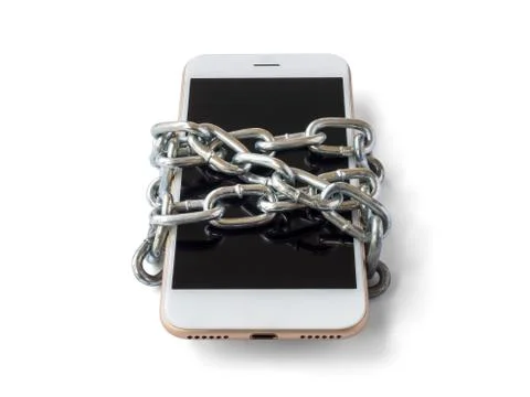 Mobile phone with chain locked isolate Stock Photos