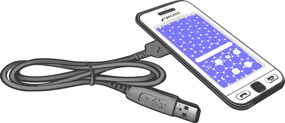 Mobile phone with charging cable. Stock Illustration