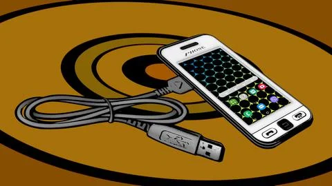Mobile phone with charging cable. Stock Illustration