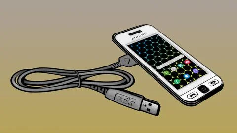 Mobile phone with charging cable. Stock Illustration