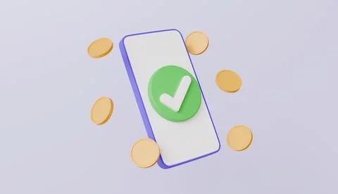 Mobile phone check mark appoved and golden coins, online banking money payment Stock Illustration