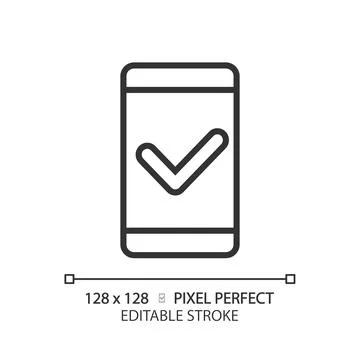 Mobile phone with check mark pixel perfect linear icon Stock Illustration
