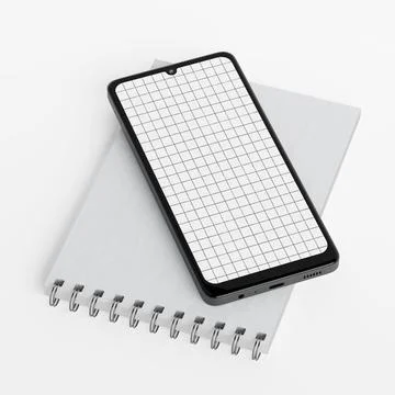 Mobile Phone with Checkered Sheet Screen over Blank Notepad. 3d Rendering Stock Illustration