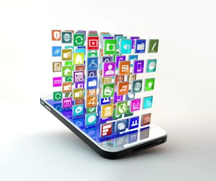 Mobile phone with cloud of application icons flying arround Stock Illustration