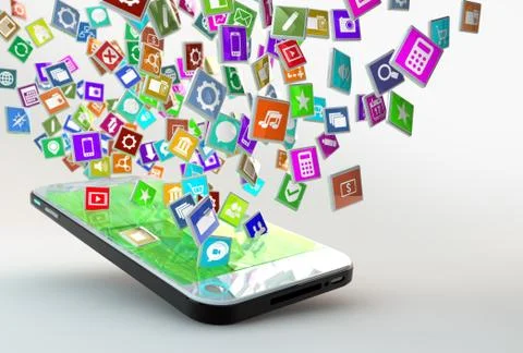 Mobile phone with cloud of application icons flying arround Stock Illustration