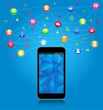 Mobile phone with cloud of application icons Stock Illustration