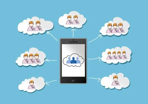 Mobile phone cloud computing concept with network contact by pen tablet hand  Stock Illustration