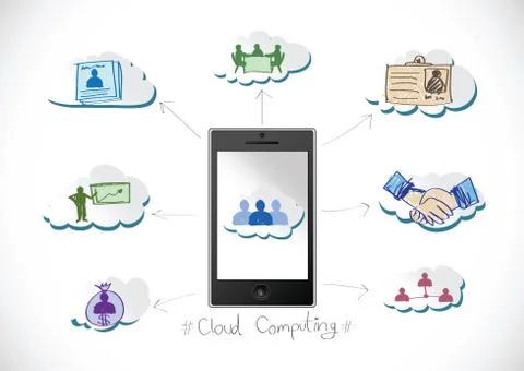 Mobile phone cloud computing concept with network contact by pen tablet hand  Stock Illustration
