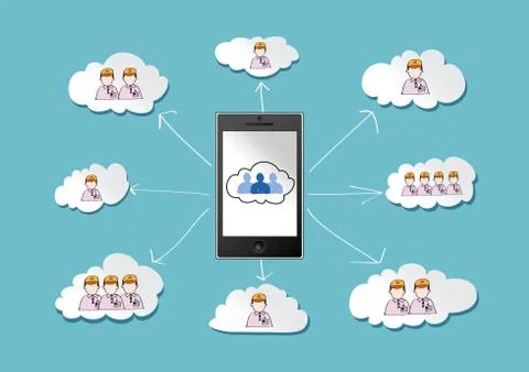 Mobile phone cloud computing concept with network contact by pen tablet hand  Stock Illustration