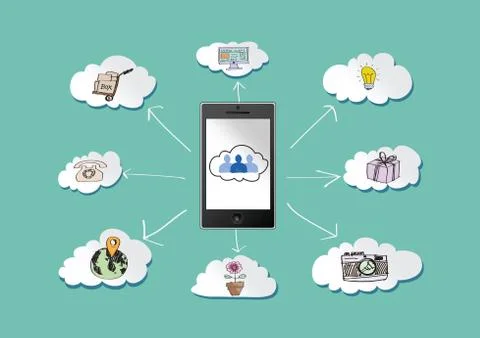 Mobile phone cloud computing concept with network contact by pen tablet hand  Stock Illustration