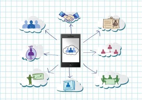 Mobile phone cloud computing concept with network contact by pen tablet hand  Stock Illustration