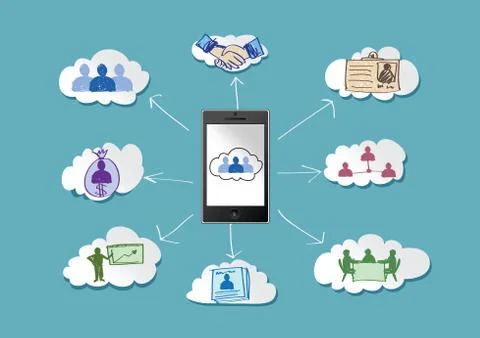 Mobile phone cloud computing concept with network contact by pen tablet hand  Stock Illustration