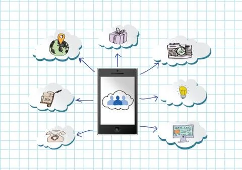 Mobile phone cloud computing concept with network contact by pen tablet hand  Stock Illustration