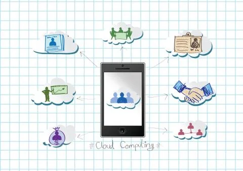 Mobile phone cloud computing concept with network contact by pen tablet hand  Stock Illustration
