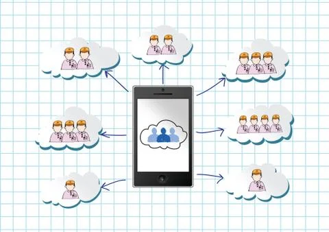 Mobile phone cloud computing concept with network contact by pen tablet hand  Stock Illustration