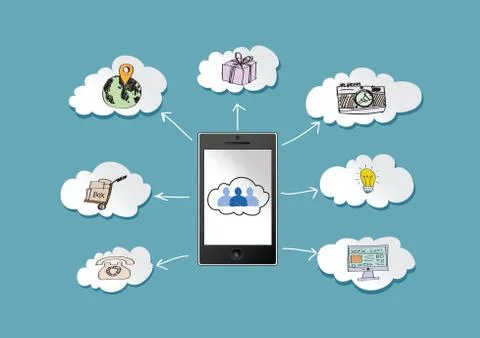 Mobile phone cloud computing concept with network contact by pen tablet hand  Stock Illustration