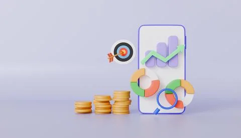 Mobile phone with coins stack data Chart, Financial Reports, Data Analysis Stock Illustration