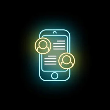 Mobile phone communicating with user profiles neon icon Illustrazione stock