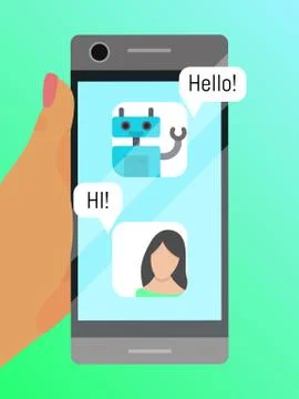 Mobile phone communication poster vector illustration. Chatting with robot Ilustración de archivo