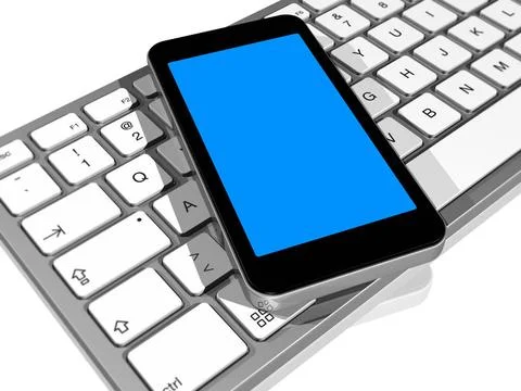 Mobile phone on a computer keyboard 3D render of mobile phone on a compute... Stock Photos