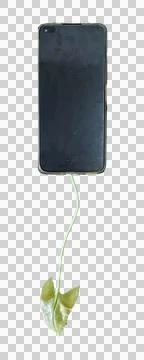 Mobile phone connected via USB cable to the stem of a plant leaf Foto stock