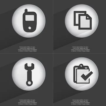 Mobile phone, Copy, Wrench, Task completed icon sign. Set of buttons with a flat Stock Illustration