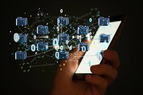 Mobile phone displaying 3D render of big data cloud digital Stock Photos