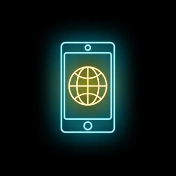 Mobile phone displaying global network neon icon 스톡 일러스트