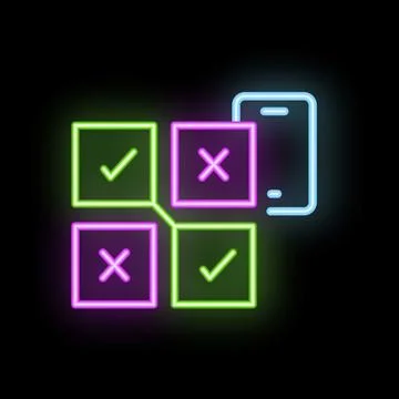Mobile phone displaying interactive quiz with check and cross marks in neon.. Stock Illustration