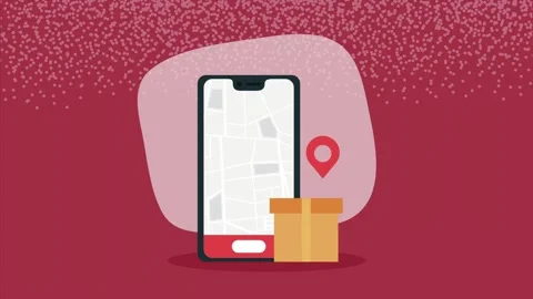 Mobile phone displaying a map with a delivery package icon and location pin.. Stock Footage 334162283