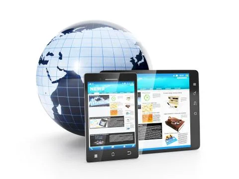 Mobile phone of electronics. earth model tablet computer and mobile phone are Illustrazione stock