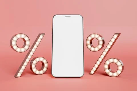 Mobile phone with empty screen and luminous sale symbols Stock Illustration