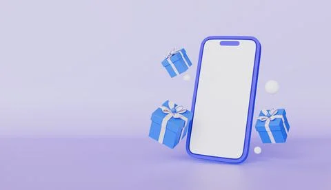 Mobile phone with an empty white screen with flying gifts with yellow bows Illustrazione stock