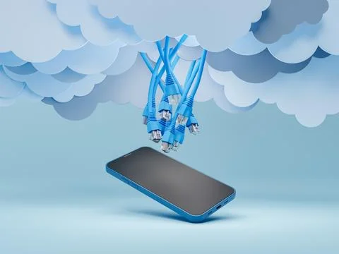 Mobile phone with ethernet cables falling from flat clouds 스톡 일러스트
