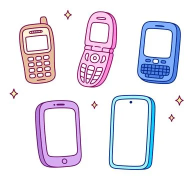 Mobile phone evolution, cute cartoon drawing Stock Illustration