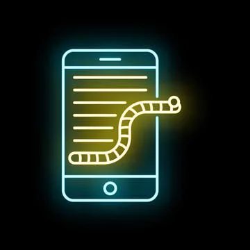 Mobile phone experiencing data breach from worm virus neon icon Stock Illustration