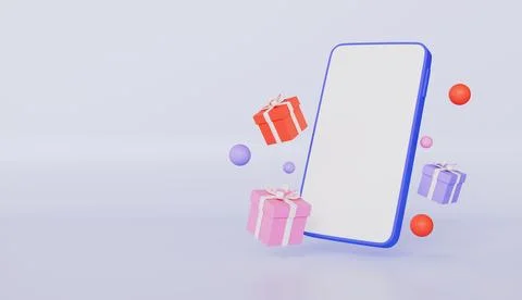 Mobile phone flying gift boxes with white bows, receiving surprise box online Stock Illustration
