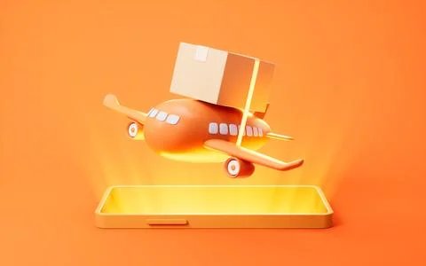 Mobile phone with flying plane on it, 3d rendering. Stock Illustration