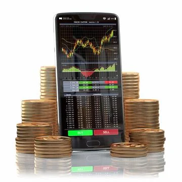 Mobile phone with forex application on the screen and stacks of coins. Onl... Stock-Fotos