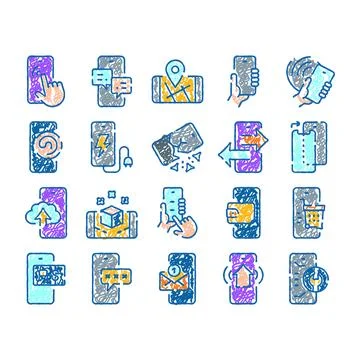 Mobile phone functions and activities sketch icons Stock Illustration