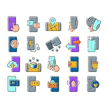 Mobile phone functions collection featuring global data transfer Stock Illustration
